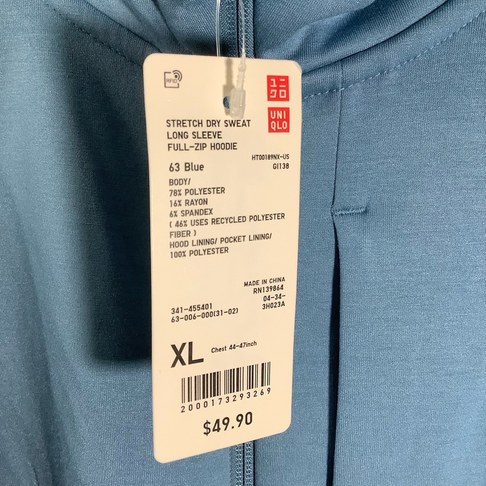 Uniqlo Men’s Blue Full-Zip Hoodie Long Sleeve Stretch Dry Sweat - Picture 8 of 10